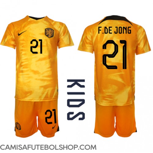 Camisa de time de futebol Holanda Frenkie de Jong #21 Replicas 1º Equipamento Infantil Mundo 2022 Manga Curta (+ Calças curtas)